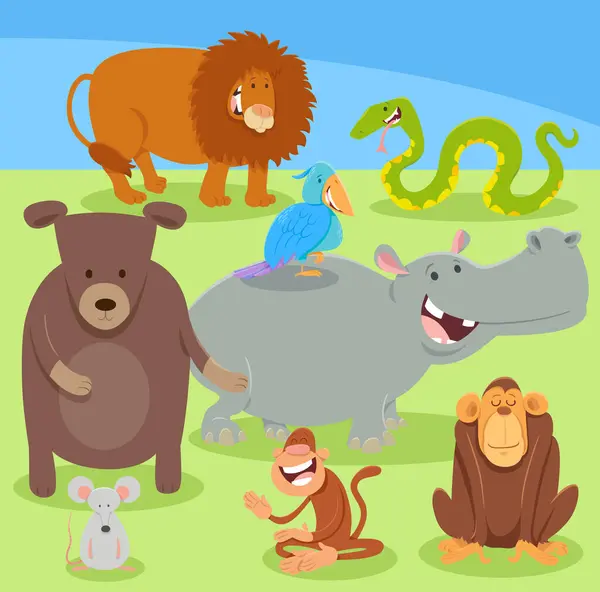 幸せな野生動物の漫画イラスト 漫画キャラクターグループ — ストックベクタ