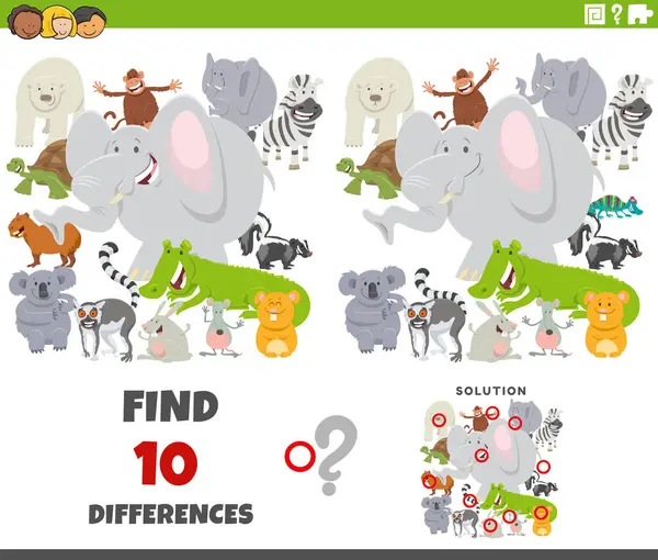 Cartoon Illustration Finding Differences Pictures Educational Game Wild Animal Characters — Διανυσματικό Αρχείο