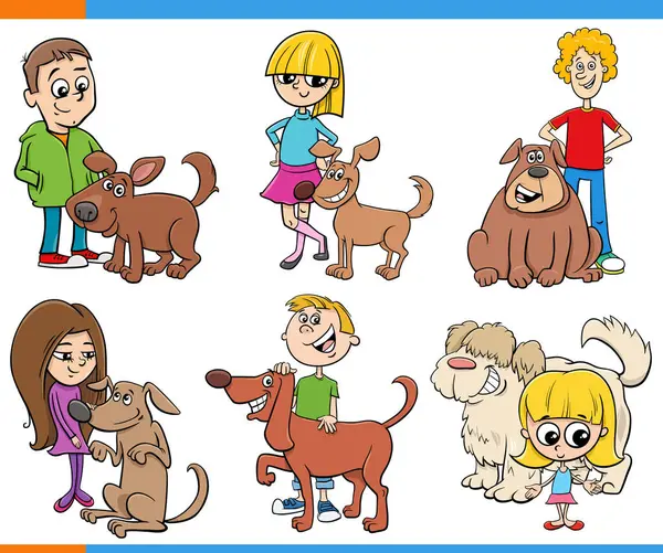Zeichentrickdarstellung Von Kindern Und Jugendlichen Mit Ihren Hundefiguren — Stockvektor