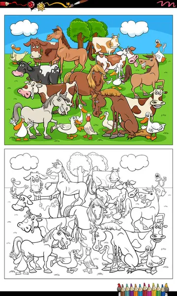 Cartoon Illustration Farm Animal Characters Group Coloring Page — Stock Vector