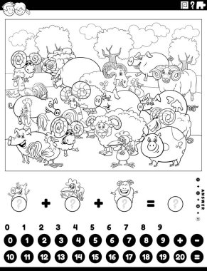Çiftlik hayvanları boyama sayfası olan çocuklar için eğitici matematiksel sayma ve toplama etkinliğinin çizgi film çizimi