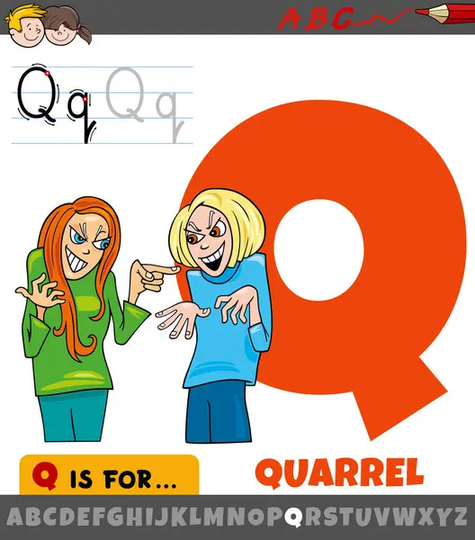 アルファベットの文字Qの教育漫画イラストと口論の単語 — ストックベクタ