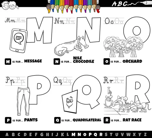 Black White Cartoon Illustration Capital Letters Alphabet Educational Set Reading —  Vetores de Stock