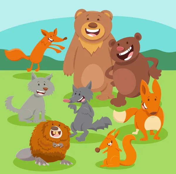 Desenhos Animados Ilustração Animais Selvagens Felizes Comic Characters Group —  Vetores de Stock