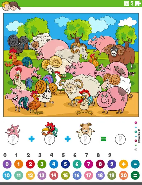 Cartoon Illustration Educational Mathematical Counting Addition Task Children Farm Animals — Stock Vector