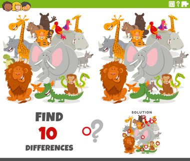 Cartoon illustration of finding the differences between pictures educational game with wild animal characters group