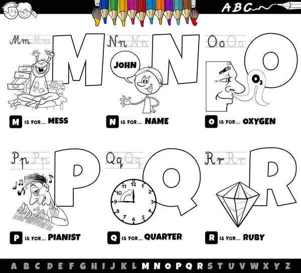 Black White Cartoon Illustration Capital Letters Alphabet Educational Set Reading — Stock Vector