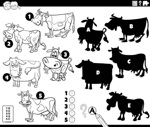 Cartoon Illustration Finding Right Shadows Pictures Educational Activity Cows Farm — Stock Vector