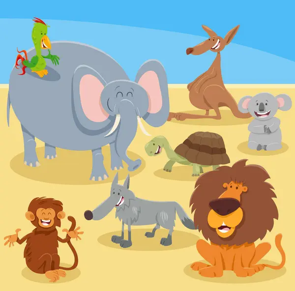 Illustration Dessins Animés Happy Wild Animals Comic Characters Group — Image vectorielle