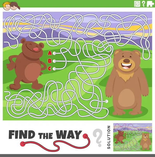 用有趣的棕熊动物形象寻找迷宫游戏活动的卡通图解 — 图库矢量图片#