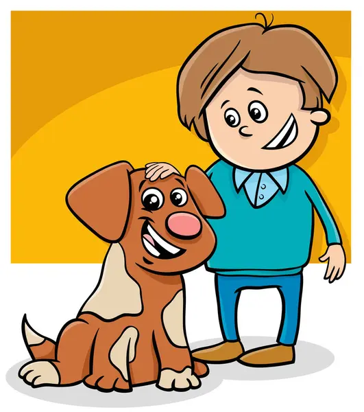 Illustrazione Cartone Animato Divertente Personaggio Bambino Con Suo Cane — Vettoriale Stock
