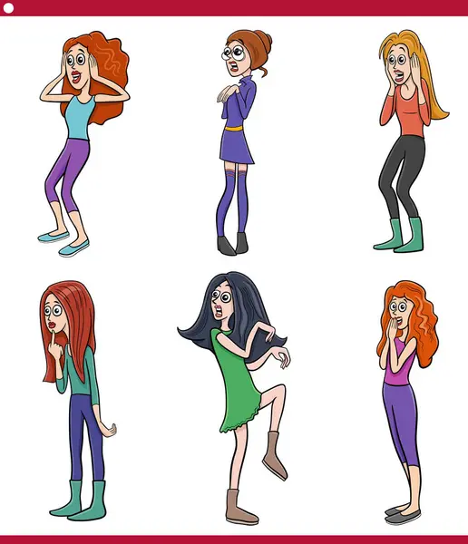 Illustrazione Cartone Animato Divertenti Sorprese Giovani Donne Personaggi Caricatura Set — Vettoriale Stock