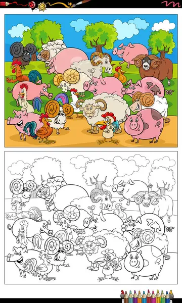 Cartoon Illustration Farm Animal Characters Group Coloring Page — Vetor de Stock