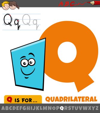 Q harfinin dörtgen şekilli alfabedeki eğitici çizgi film çizimi
