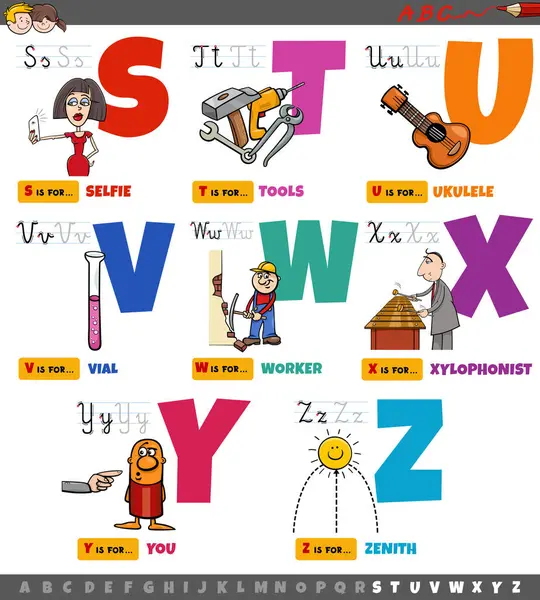 S 'den Z' ye ilköğretim çağındaki çocuklar için okuma ve yazma pratiği için büyük harfli alfabe eğitim setinin çizgi film çizimi