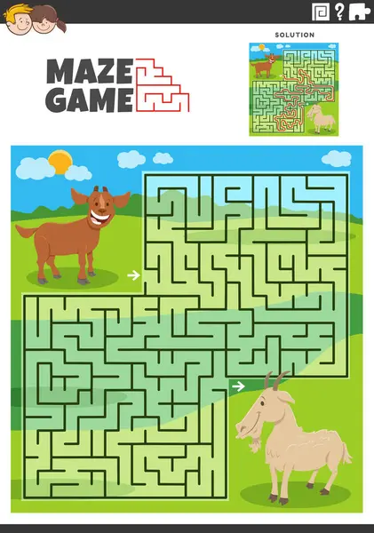 Illustrazione Cartone Animato Labirinto Educativo Puzzle Game Con Capra Capretto — Vettoriale Stock