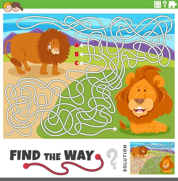 Cartoon Illustration Find Way Maze Puzzle Activity Funny Lions Animal — Vetor de Stock