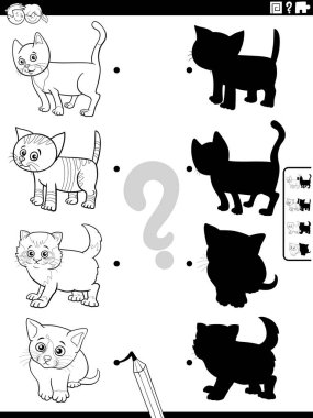 Siyah beyaz karikatür çizimi resimlerle doğru gölgeleri eşleştiriyor eğitici oyun komik kedi yavruları boyama sayfası ile