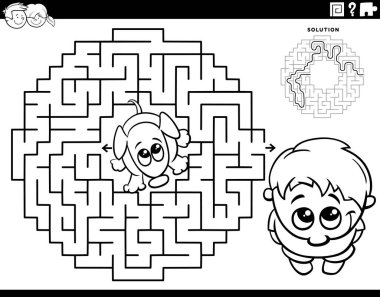 Cartoon illustration of educational maze puzzle game for children with little boy and his puppy coloring page