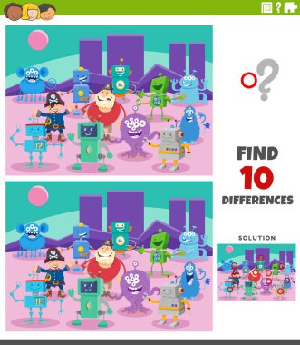 Fantezi karakterler grubuyla resim eğitimsel etkinlik arasındaki farklılıkları gösteren çizgi film çizimi