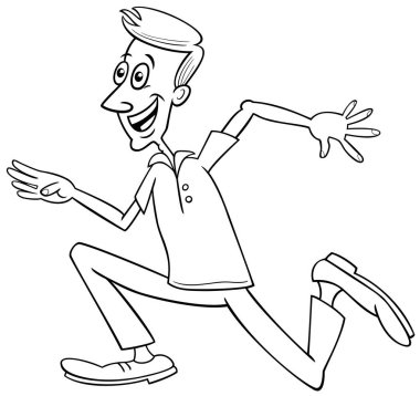 Koşan genç adam ya da adamın çizgi film çizimi komik karakter renklendirme sayfası