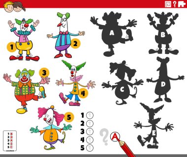 Palyaço karakterleriyle ilgili eğitici aktivitelerin doğru gölgelerini bulmanın çizgi film çizimi