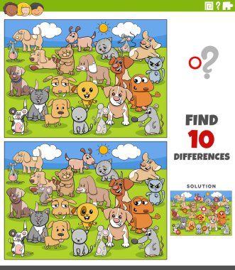 Çizgi film çizimleri kedi, köpek ve fare karakterleri grubuyla resim eğitimi aktiviteleri arasındaki farkları gösteriyor.