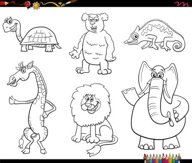 Vahşi hayvan karakterlerinin siyah ve beyaz çizimleri renklendirme sayfasını ayarlar