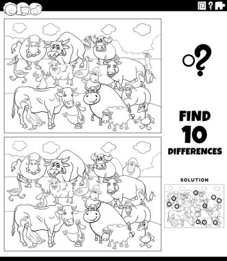 Çiftlik hayvanı karakterleri grup boyama sayfası ile resim eğitimsel etkinlik arasındaki farklılıkları gösteren çizgi film çizimi