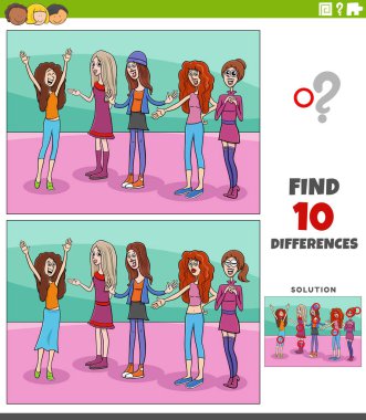 Genç kadın karakter grubuyla resim eğitimi etkinliği arasındaki farklılıkları gösteren çizgi film çizimi