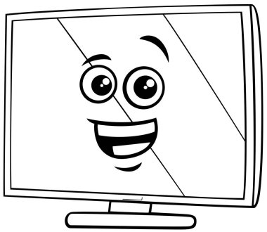 Komik televizyon setinin çizgi film illüstrasyonu ya da bilgisayar monitörü nesne klipsi resim boyama sayfası