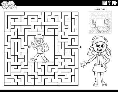 Okul çocukları boyama sayfası ile eğitim labirenti etkinliğinin çizgi film çizimi