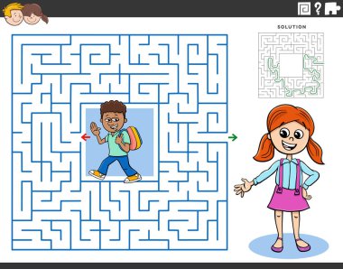 Okul çocuklarıyla ilgili eğitim labirenti aktivitesinin çizgi film çizimi