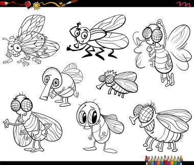 Çizgi roman sineklerinin mizahi çizimi hayvan karakterleri renklendirme sayfasını ayarlar