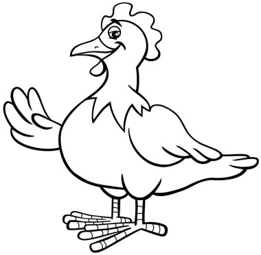 Komik tavuk ya da tavuk çiftliği kuş karakter boyama sayfasının çizgi film çizimi