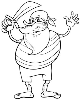 Kılıç boyama sayfası olan komik korsan karakterinin çizgi film çizimi