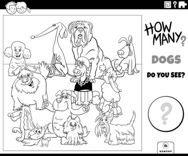 Çizgi film köpekleri hayvan karakterleri boyama sayfası ile eğitici sayma etkinliği