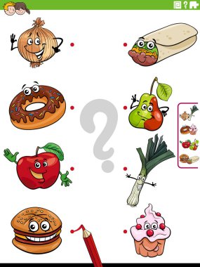 Gıda nesnesi karakterleriyle eğitim eşleştirme aktivitesinin çizgi film çizimi