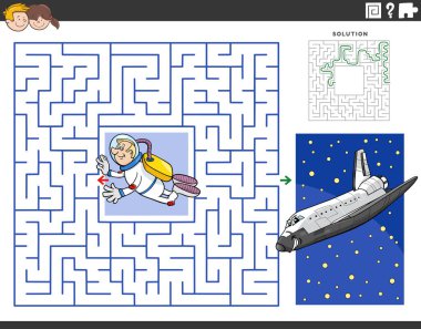Astronot ve uzay mekiği ile eğitim labirenti aktivitesinin çizgi film çizimi