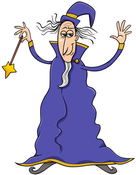 Cartoon illustration of wizard or sorcerer fantasy character casting a spell