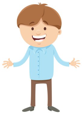 Mutlu ilköğretim çağının çizgi film çizimi ya da kolları açık genç erkek karakter.