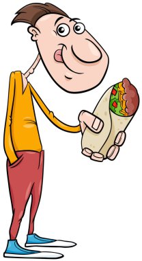 Burrito yiyeceği olan genç aç adamın çizgi film çizimi