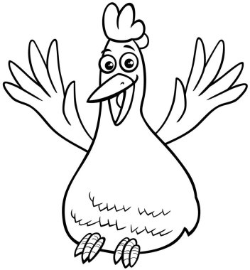 Komik tavuk ya da tavuk çiftliği hayvan boyama sayfasının çizgi film çizimi