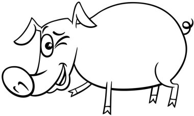 Komik domuz ya da domuz çiftliği hayvan boyama sayfasının çizgi film çizimi