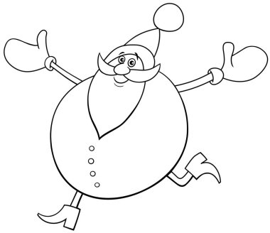 Noel Baba 'yı Noel zamanı boyama sayfasında mutlu yürütmenin çizgi film çizimi