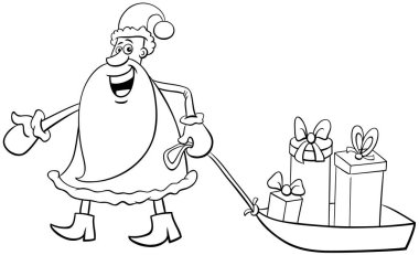 Noel Baba 'nın Noel zamanı boyama sayfasında kızağın üstünde hediyeleri olan karikatür çizimi.