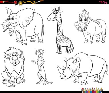 Komik vahşi hayvanların çizgi roman çizimleri boyama sayfasını oluşturur.