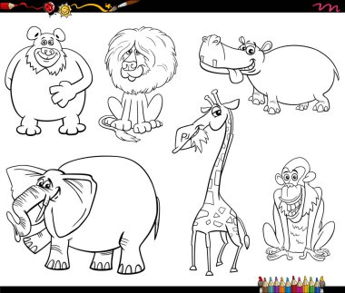 Komik vahşi hayvan karakterlerinin çizgi film illüstrasyonu boyama sayfasını ayarladı