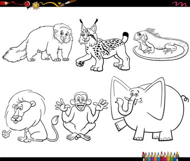 Komik vahşi hayvanların çizgi roman çizimleri boyama sayfasını oluşturur.