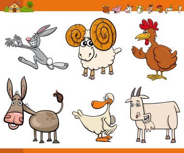 Komik çiftlik hayvanlarının çizgi film çizimleri.